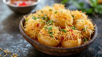 AI generated Papri OR Papdi chat also known as Sev Batata Puri - popular indian snacks or street food, selective focus photo