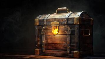 AI generated Wooden treasure chest on dark background photo