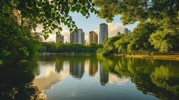 AI generated Scenic view of the park in the center of the big city in the summer. With a lagoon in the middle and green trees. In the atmosphere of evening light photo