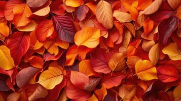 AI generated Red and orange autumn leaves background. Outdoor. Colorful backround image of fallen autumn leaves perfect for seasonal use. Space for text. photo