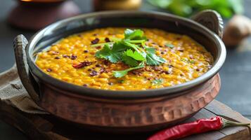 AI generated Dal tadka is a popular Indian dish where cooked spiced lentils are finished with a tempering made of ghee or oil and spices photo