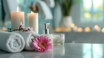 ai generado spa suministros, ardiente vela y flor en mesa en belleza salón, espacio para texto foto