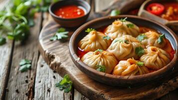 AI generated Veg steam momo. Nepalese Traditional dish Momo stuffed with vegetables and then cooked and served with sauce over a rustic wooden background, selective focus photo