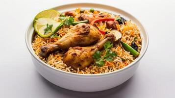 ai generado pollo Biryani , kerala estilo pollo dhum biriyani hecho utilizando Jeera arroz y especias arreglado en un blanco cerámico mesa mercancía con blanco antecedentes foto