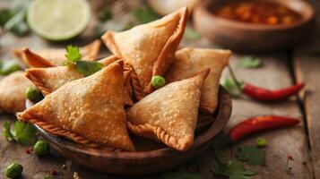 AI generated Veg Samosa - is a crispy and spicy Indian triangle shape snack which has crisp outer layer of maida filling of mashed potato, peas and spices photo