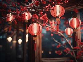ai generado chino linternas chino nuevo, año japonés asiático nuevo año rojo lamparas festival barrio chino tradicional. foto