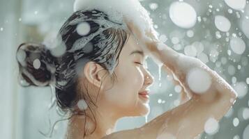 AI generated Woman washing hair with shampoo and shower in bathroom, Asian female body and hair care with foam to freshness. Spa and Health care. photo