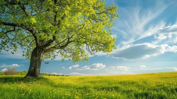 ai generado primavera prado con grande árbol con Fresco verde hojas foto