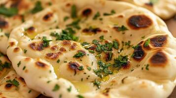 AI generated Indian naan bread, close up view photo