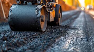 ai generado asfalto la carretera rodillo con pesado vibración rodillo compactador prensa nuevo caliente asfalto en el calzada en un la carretera construcción sitio. pesado vibración rodillo a asfalto pavimento laboral. reparando foto