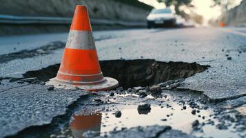 AI generated Deep sinkhole on a street city and orange traffic cone. Dangerous hole in the asphalt highway. Road with cracks. Bad construction. Damaged asphalt road collapse and fallen. photo