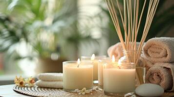 AI generated Burning candles and aromatic reed freshener on table in spa salon, space for text photo