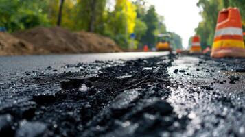 ai generado calle repavimentación. Fresco asfalto construcción. malo la carretera foto