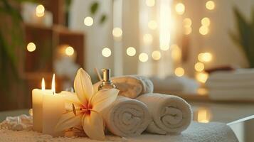 AI generated Spa supplies, burning candle and flower on table in beauty salon, space for text photo