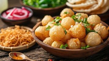 AI generated Panipuri or fuchka fhuchka or gupchup or golgappa or Pani ke Patake is a type of snack that originated in the Indian subcontinent photo