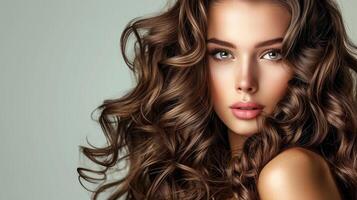 AI generated Brunette girl with long and shiny wavy hair . Beautiful model with curly hairstyle . photo