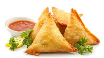 ai generado samosa picante smosa iftaari plato indio Ramadán alimento, pakistaní iftar comida. foto