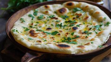 ai generado cilantro naan - indio plano un pan con un espolvorear de Fresco cilantro hojas y cocido en tandoor foto