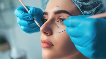 AI generated doctor is drawing mark up lines on nose before rhinoplasty surgery. Rhinoplasty markup. Rhinoplasty is reshaping nose surgery for change appearance of the nose and improve breathing photo