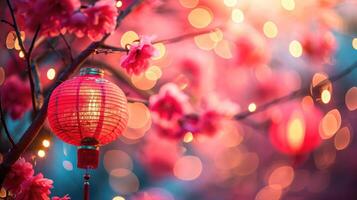 AI generated Chinese new year celebration in Asia. Pink, red and golden lantern on Japanese sakura tree for Lunar new year party. Background with glitter and bokeh lights. Cherry tree blossom. photo