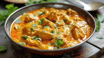 AI generated Chicken fillet in a spicy coconut sauce close-up on a table. horizontal photo