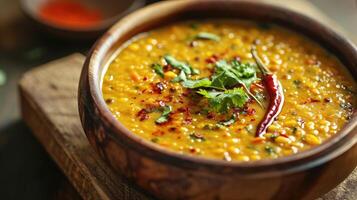 AI generated Dal tadka is a popular Indian dish where cooked spiced lentils are finished with a tempering made of ghee or oil and spices photo