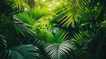 AI generated beautiful green jungle of lush palm leaves, palm trees in an exotic tropical forest, wild tropical plants nature concept for panorama wallpaper photo