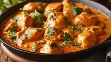 AI generated Chicken fillet in a spicy coconut sauce close-up on a table. horizontal photo