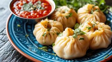 AI generated Nepalese traditional dumpling momo on the plate photo