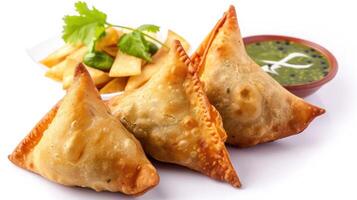 ai generado samosa picante smosa iftaari plato indio Ramadán alimento, pakistaní iftar comida. foto