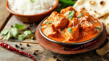 ai generado pollo tikka condimento picante curry carne comida en un arcilla plato con arroz y naan un pan en de madera antecedentes. foto