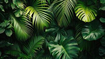 AI generated beautiful green jungle of lush palm leaves, palm trees in an exotic tropical forest, wild tropical plants nature concept for panorama wallpaper photo