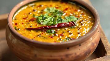 AI generated Dal tadka is a popular Indian dish where cooked spiced lentils are finished with a tempering made of ghee or oil and spices photo