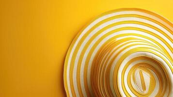 AI generated top view of yellow striped retro hat close-up. summer concept photo