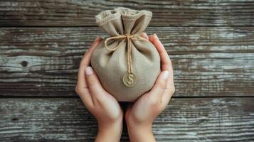 AI generated Women hold a money bag on the vintage wood background, a loan or saving money for future investment concept. photo