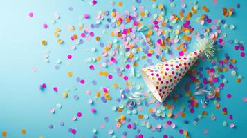 AI generated Colored confetti and party hat on blue background photo