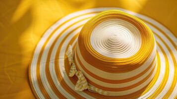 AI generated top view of yellow striped retro hat close-up. summer concept photo