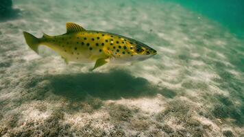 ai generato un' pesce come esso con grazia nuotate attraverso il acqua, un' Guarda a partire dal sotto il acqua su per il dell'acqua superficie di il oceano, ai generato video