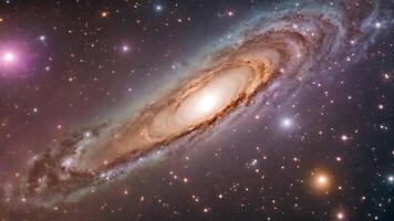 ai generiert das kompliziert Schönheit von ein Spiral- Galaxis, Hervorheben das zahlreich Sterne Das bevölkern das Hintergrund, ein Reise durch das beschwingt Herz von das Andromeda Galaxis, ai generiert video