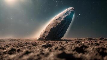AI generated a massive rock located in the center of an open field, displaying its imposing presence and the surrounding scenery, A rare video glimpse of a comet passing by Earth, AI Generated