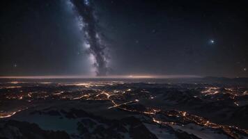 ai generado el majestuoso noche cielo como visto desde el ventana de un avión, exhibiendo el celestial cuerpos y su movimientos, un fascinante ver de estrella constelaciones como visto desde exterior espacio video