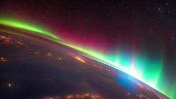 AI generated the Earths aurora lights as seen from space, providing a factual glimpse into this natural light display, A dramatic portrayal of the Southern Lights from space, AI Generated video