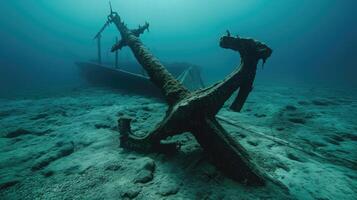 AI generated Anchor of old ship underwater on the bottom of the ocean photo
