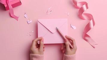 AI generated First person top view photo of st valentine's day decor female hands holding pen pink envelope with letter small giftbox and pink silk curly ribbon on isolated pastel pink background