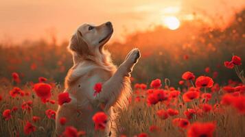 AI generated Golden Retriever sits on his hind legs and holds his paws up in a poppy field at sunset photo