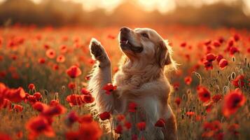 AI generated Golden Retriever sits on his hind legs and holds his paws up in a poppy field at sunset photo