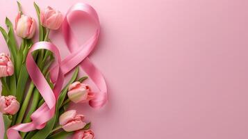 ai generado figura 8 hecho de cinta y tulipán flores para internacional De las mujeres día celebracion en rosado antecedentes con espacio para texto foto