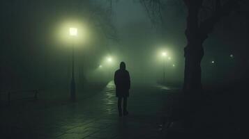 AI generated Sad man alone walking along the alley in night foggy park Back view photo