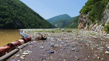 spazzatura galleggiante su il drina fiume nel bosnia e erzegovina. plastica rifiuto e fiume inquinamento. isola di spazzatura. ambientale problema. prendere azione per proteggere il pianeta. video