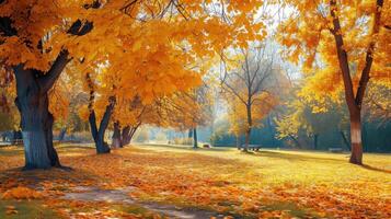 ai generado otoño escena. brillante vistoso paisaje amarillo arboles en otoño parque. otoño naturaleza. foto